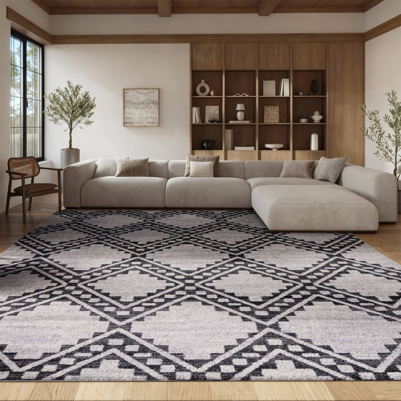 Burch Geometric Ivory/Black Area Rug, Rectangle 8' x 10'