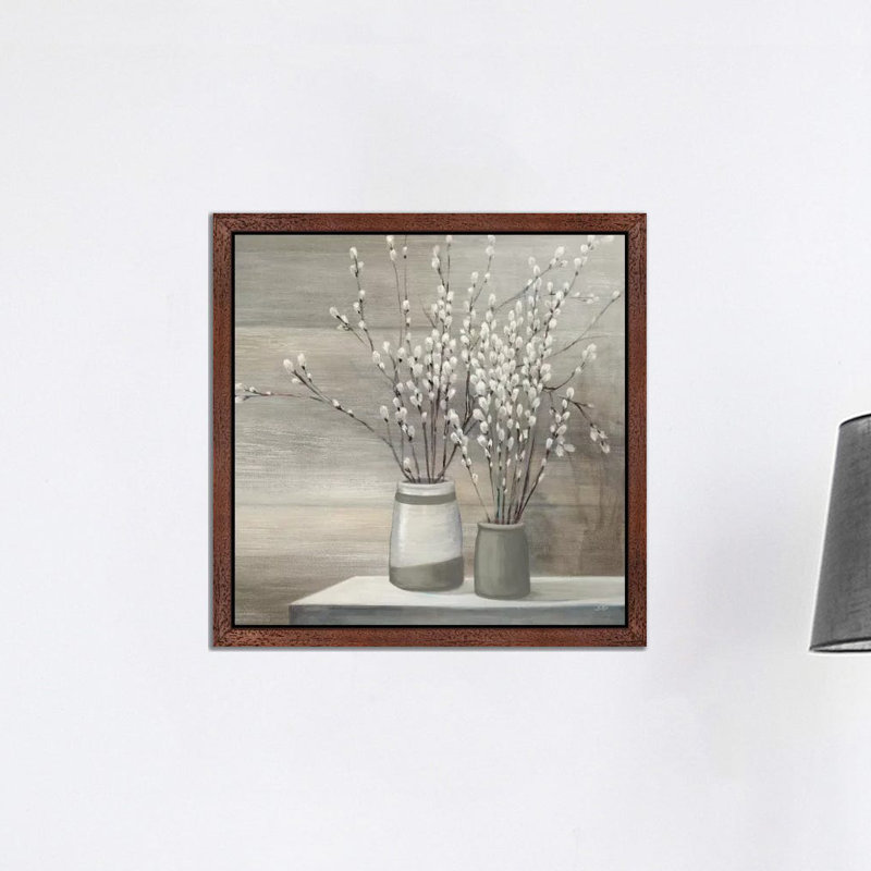 Pussy Willow Still Life Grey Pots Crop by Julia Purinton - Print on Canvas, 93.98 cm H x 93.98 cm W, Brown Framed