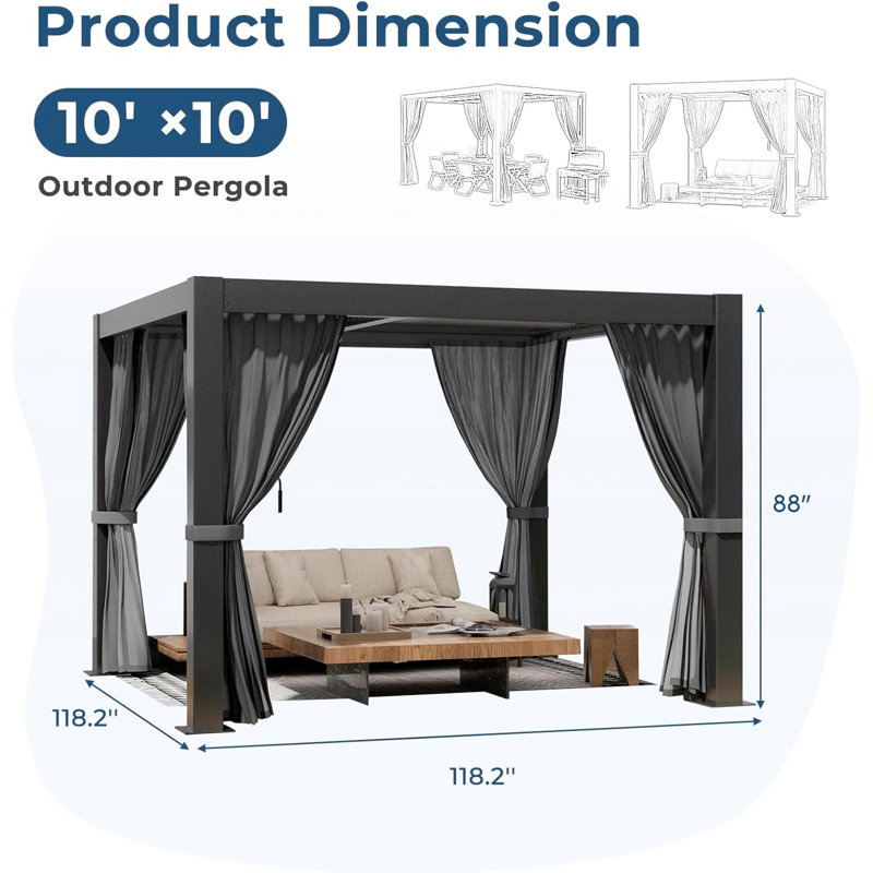 Pergola moderne en aluminium à lames orientables de 3 m x 3 m avec toit ajustable et rideaux d'intimité pour terrasse extérieure