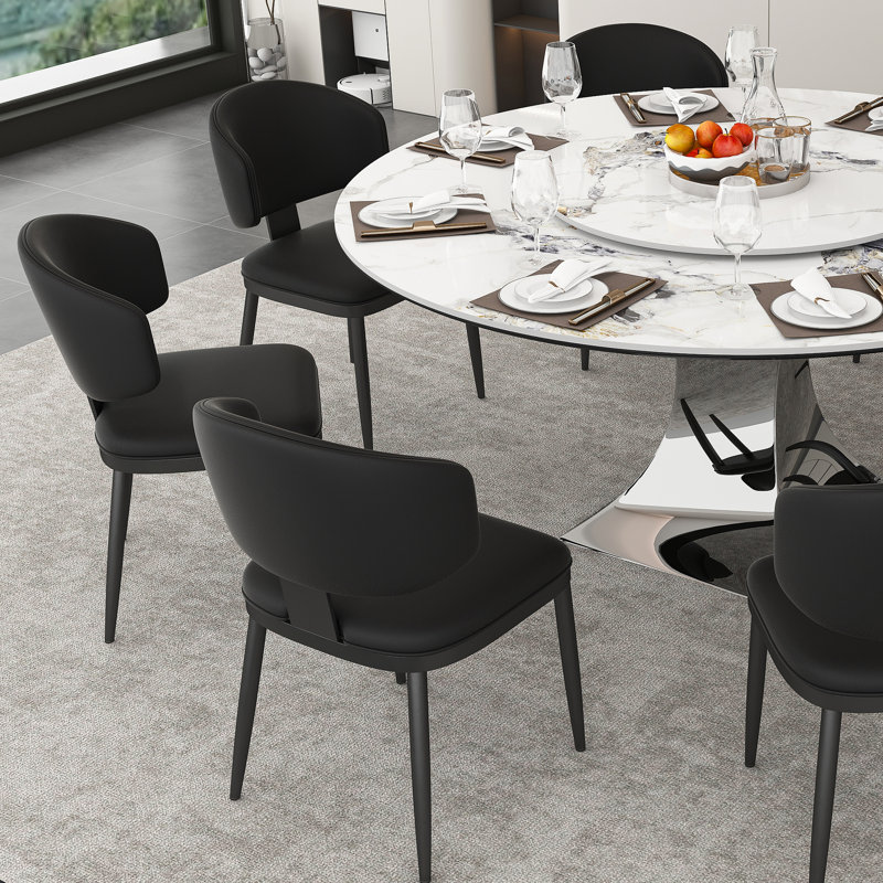 59" Round Sintered Stone Dining Table + 8 PU Leather Chairs Set – Marble-Look Kitchen Table with Stainless Steel Titanium Base, Scratch & Heat Resistant Surface, Modern Dining Set for 6-8 People