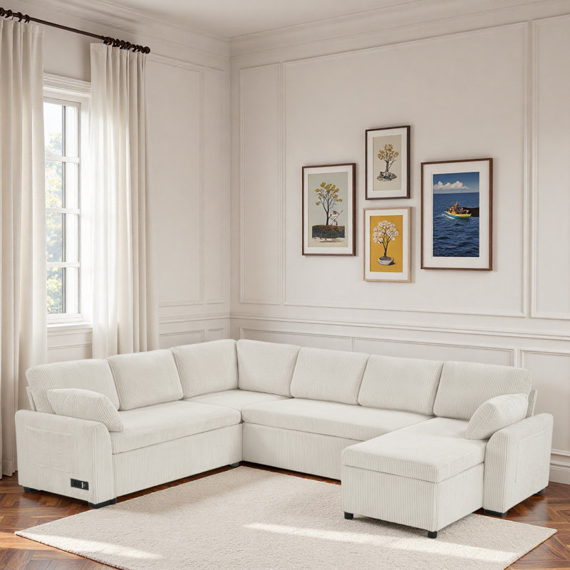Canapé-lit modulaire convertible avec méridienne réversible, poches de rangement et dispositifs de chargement, Chenille beige
