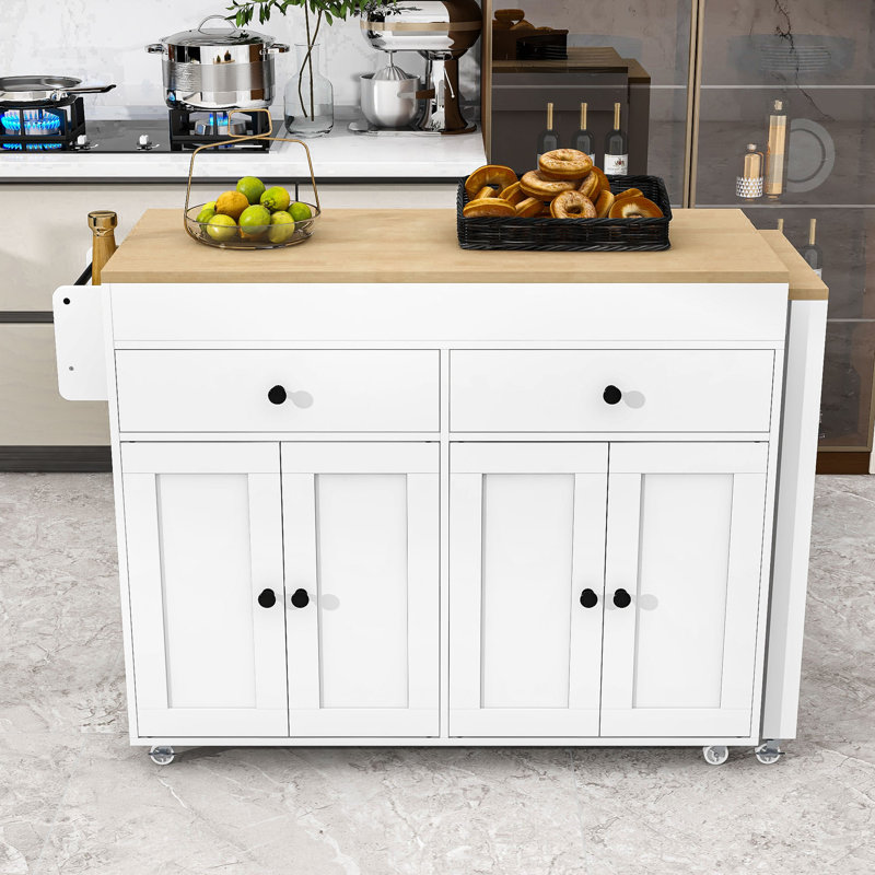 Chariot de cuisine polyvalent avec roues verrouillables, table extensible et armoires spacieuses, Blanc