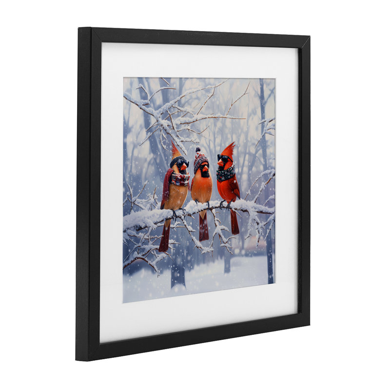 Cardinals on Winter Branch, reproduction encadrée sous verre, conception de Jim Baldwin, H 16 po x l 16 po, Cadre noir minuit