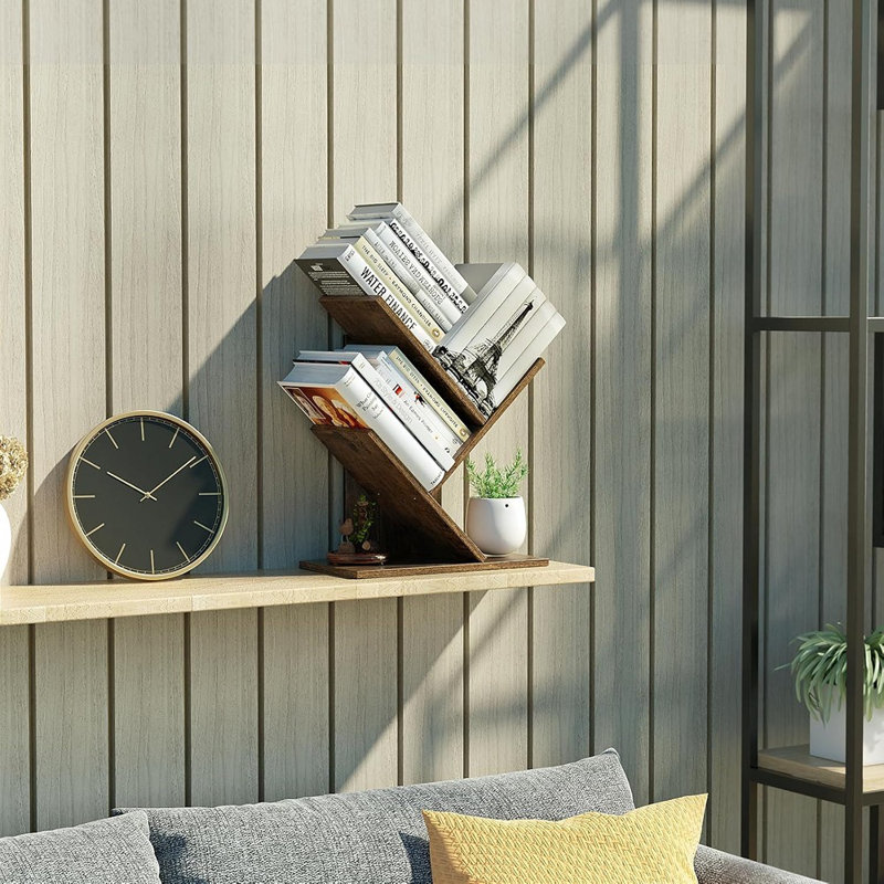 Tree Bookshelf, Book Storage Organizer Shelves Floor Stan..., (3 Shelves) 4"H x 16"W x 7"D, Brown