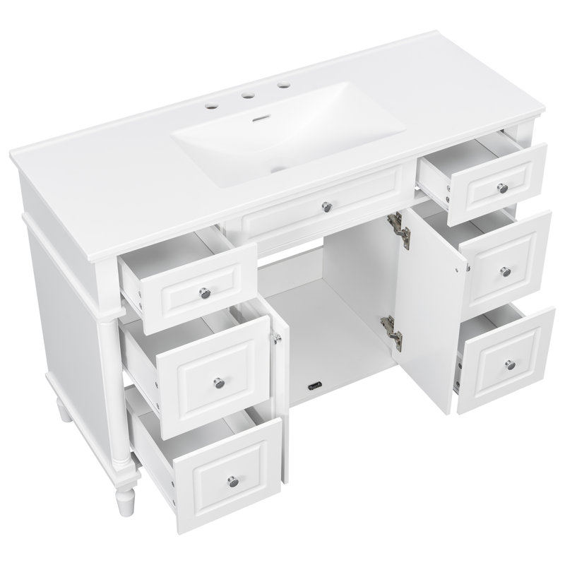 Meuble-lavabo autoportant de style vintage de 47,8 pouces avec lavabo, armoire de salle de bain avec 6 tiroirs et 2 portes, pieds en bois massif, charnières à fermeture douce