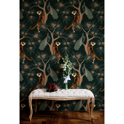 Papier peint floral tigre et paon vert foncé