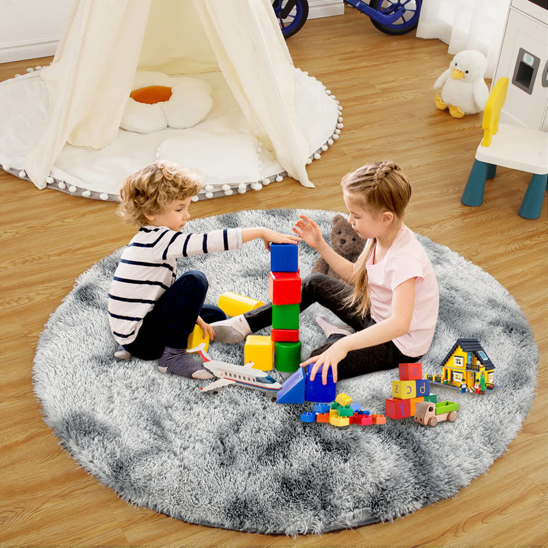 Washable Area Rug, White Gray, Round 100 cm