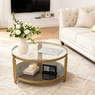 34.6" 2-Tier Round Tempered Glass Coffee Table with Storage Shelf and Gold Metal Frame for Living Room