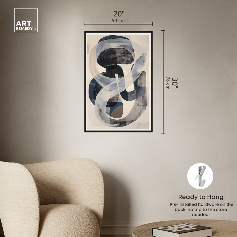 Large Abstract Black and Gray Canvas Wall Art with Black Frame
