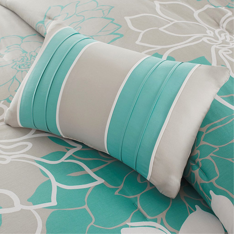 Ensemble d'édredon en satin de coton imprimé, Turquoise, Grand édredon et 6 pièces supplémentaires