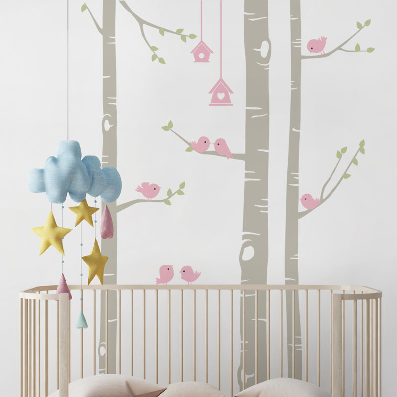 Adhésif décoratif bouleau avec oiseaux, Beige / Gris / Rose, H 96 po x l 70 po