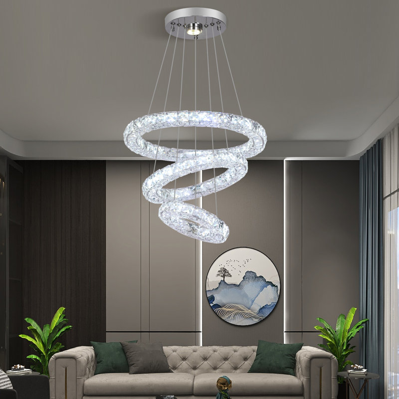 Modern Crystal Chandelier, 3 Rings Round LED Ceiling Light Recessed Mount Stainless Steel Pendant Light Fixture for Bedroom Dining Room Living Room,Stepless dimming with remote control