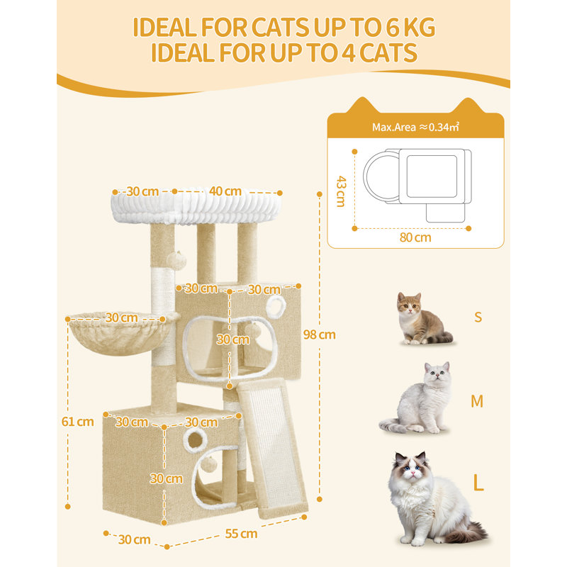 98cm Cat Tree, Cat Tower for Indoor Cats, Multi-Level Cats House Furniture with Scratching Post, 2 Caves, Large Platform, Scratching Ramp, Pompom