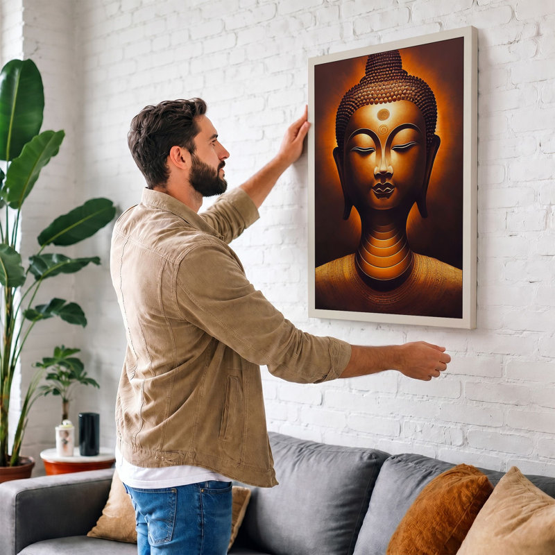 Gilded Buddha in Light Japandi 1 Piece Wrapped Canvas Wall Art, 30x20 - 76.2 x 50.8 cm, White Border