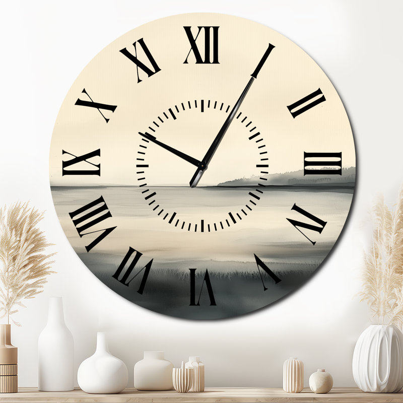 Horloge murale Beige Lake Horizon Calm Nature III, Surdimensionné