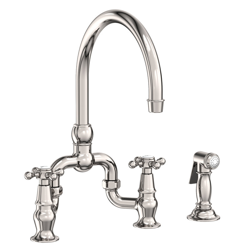 Chesterfield Kitchen Bridge Faucet with Side Spray, Knob/Cross Handle, Polished Nickel (PVD)