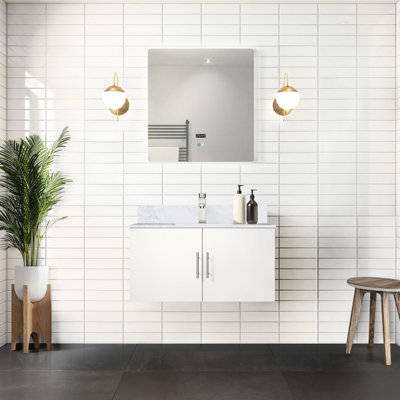 Meuble-lavabo blanc lustré de 91 cm (36 po) avec comptoir en marbre, robinet et miroir à DEL - Résistant aux rayures et aux taches - Idéal pour une salle de bain de style bord de mer.