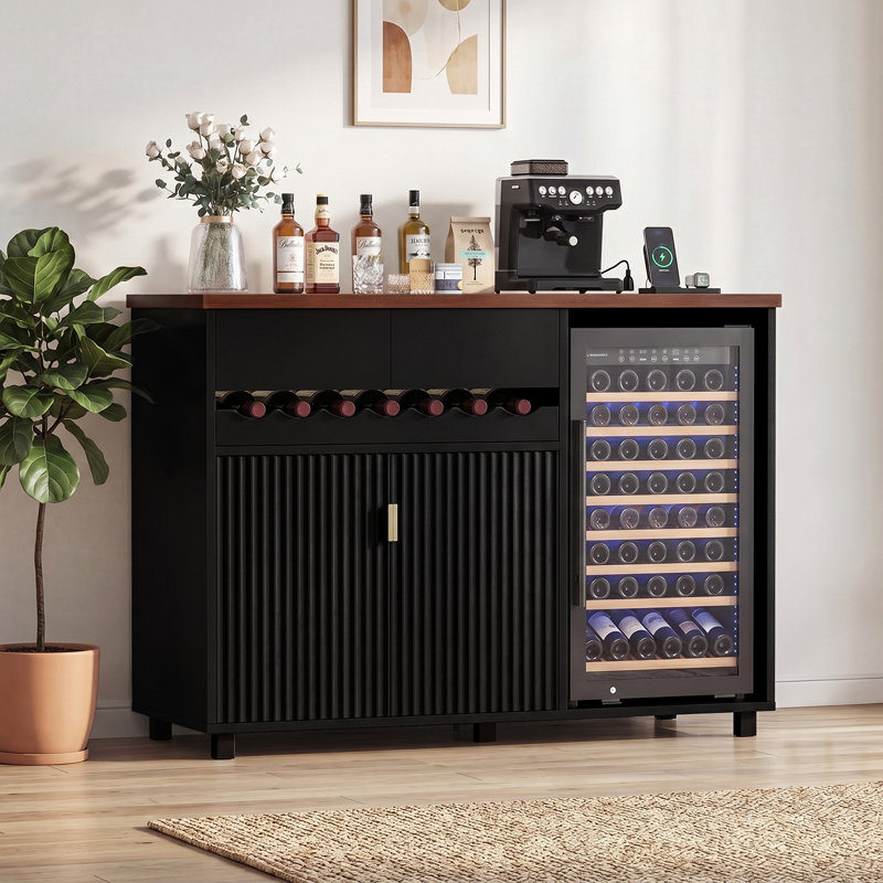 Modern Coffee Bar Cabinet with Fridge Space and Wine Storage, Mini Fridge Cabinet with Built-In Outlet, Drawer and Wine Tray, Versatile Buffet Sideboard