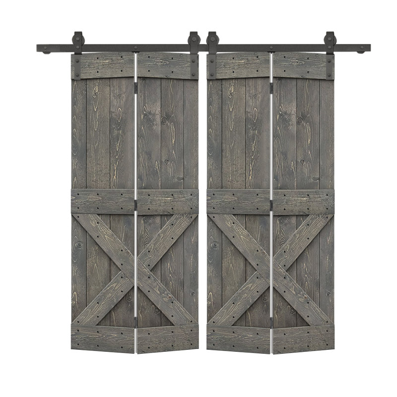 Porte de grange en bois 84 pliable avec trousse de quincaillerie d'installation, 60 po x 84 po, Gris patiné