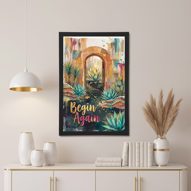 Art mural toile sarcelle agave cactus en pierre avec écriture rose or, H 18 po x l 12 po