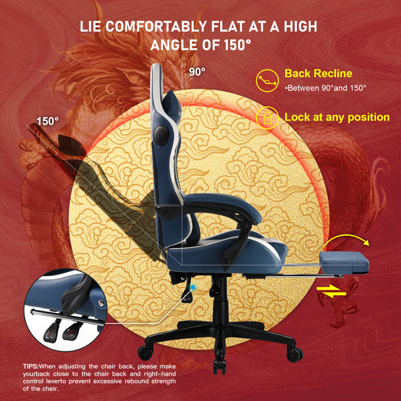 GTPLAYER Adjustable Reclining Ergonomic Faux Leather Swiveling PC & Racing Game Chair with Built-in Speakers and Footrest
