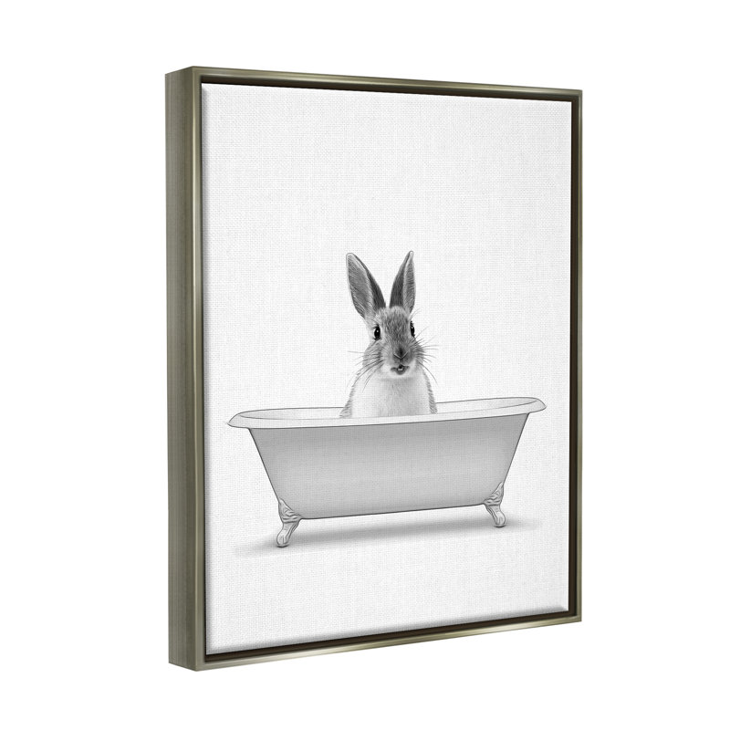 «Bunny Peeking Bathaign Pet» par Annalisa Latella, H 21 po x l 17 po x P 1,7 po, Cadre flottant gris lustré