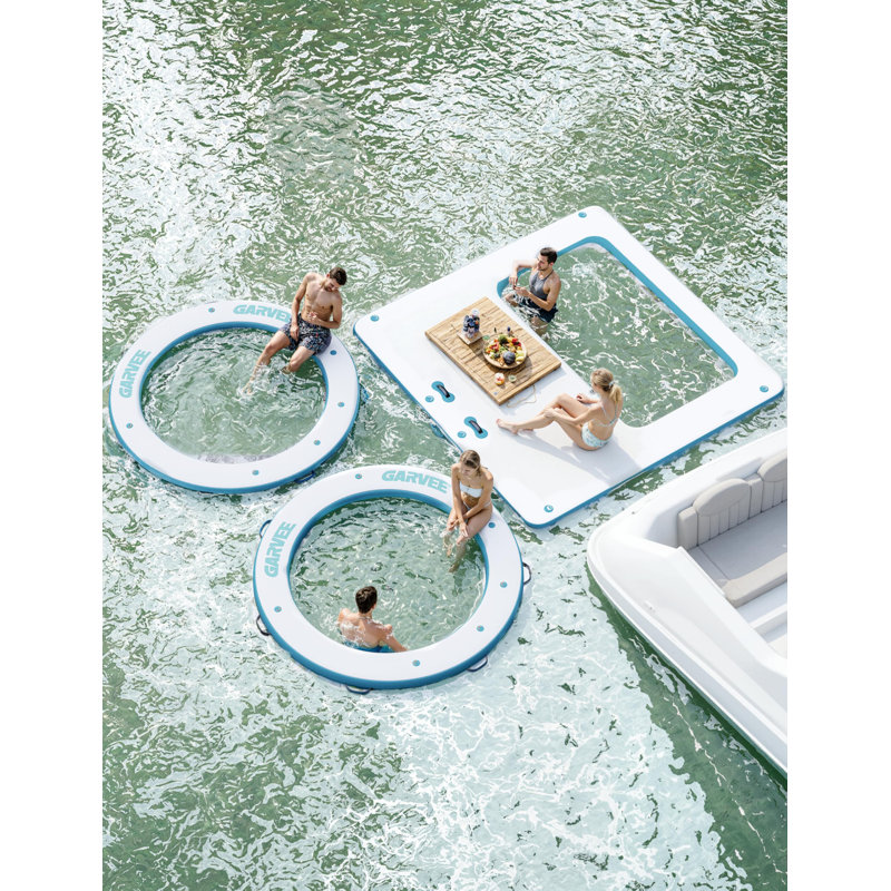 Inflatable Floating Dock Platform with Trampoline Mesh, Ladder, Pump & Carrying Bag, Swim Air Platform, Non-Slip Water Raft for Pool Lake Beach Ocean, 3x3m, Blue Green Trim