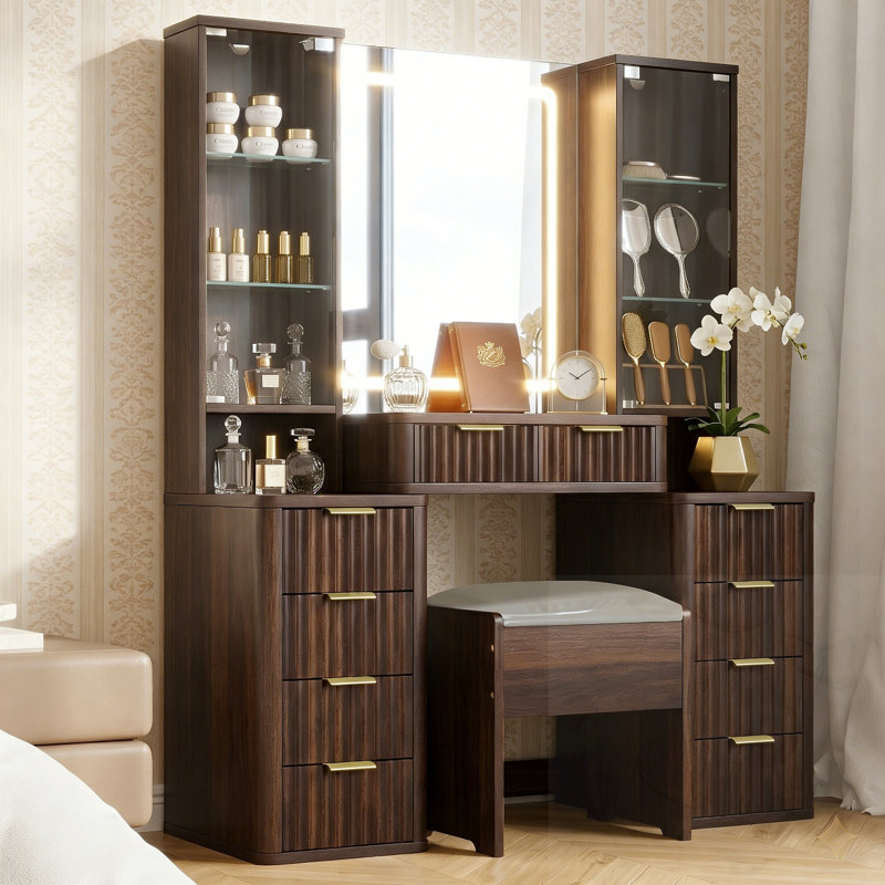 Meuble-lavabo à miroir à 10 tiroirs avec miroir DEL cannelé avec tabouret et station de charge, Brun