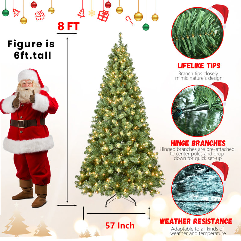 Arbre de Noël pré-éclairé, arbre de Noël artificiel haut de gamme avec lumières et branches en PVC, arbre de Noël à charnières pré-éclairé avec base en métal pour les fêtes, les fêtes et la décoration intérieure