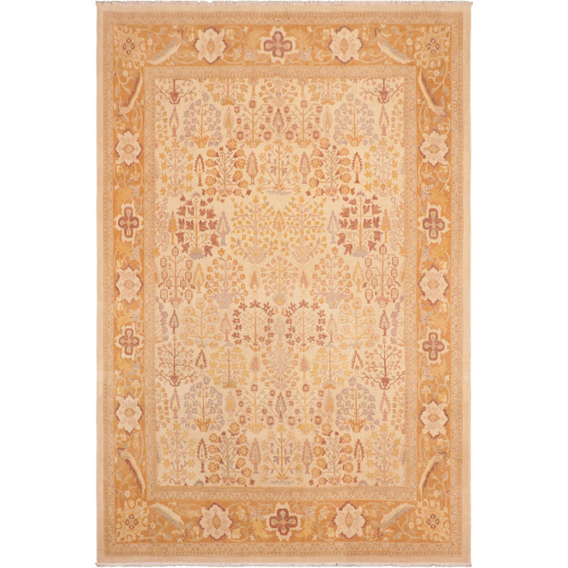 Tapis beige / jaune en laine noué à la main 8 pi 1 po x 10 pi 3 po Abagail