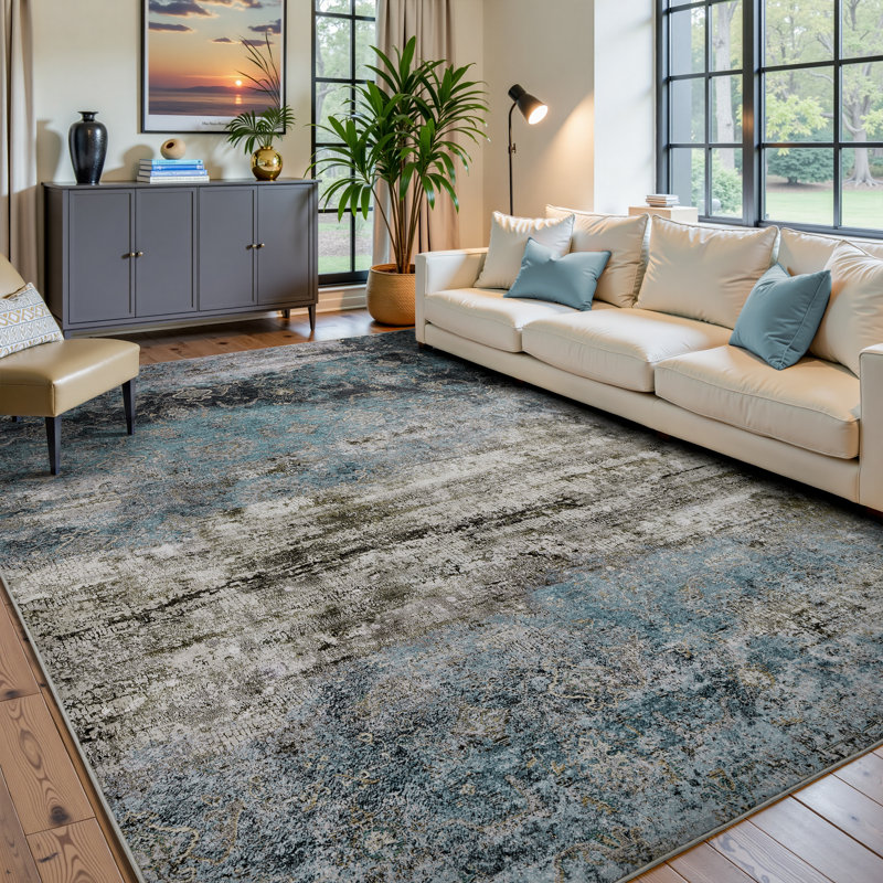 Vintage Distressed Teal Non-Slip Washable Area Rug, Rectangle 10' x 14'