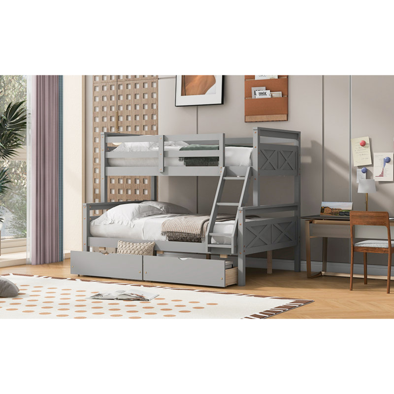 Lit simple superposé simple avec échelle, deux tiroirs de rangement, garde-corps de sécurité, gris, Gris
