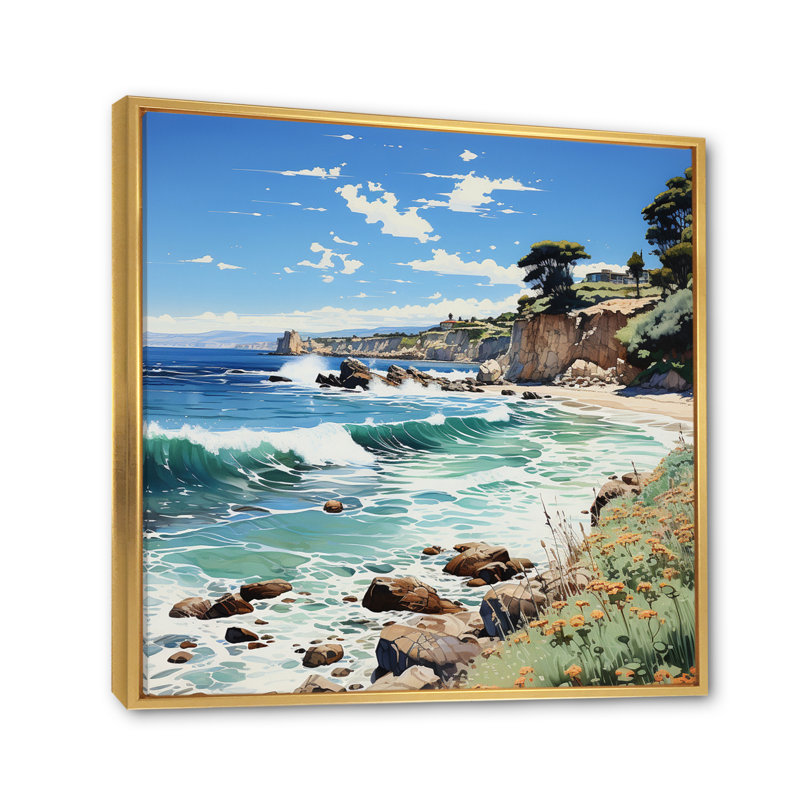 Plage contrastée pointillisme II, H 30 po x l 30 po x P 1 po, Cadre flottant doré
