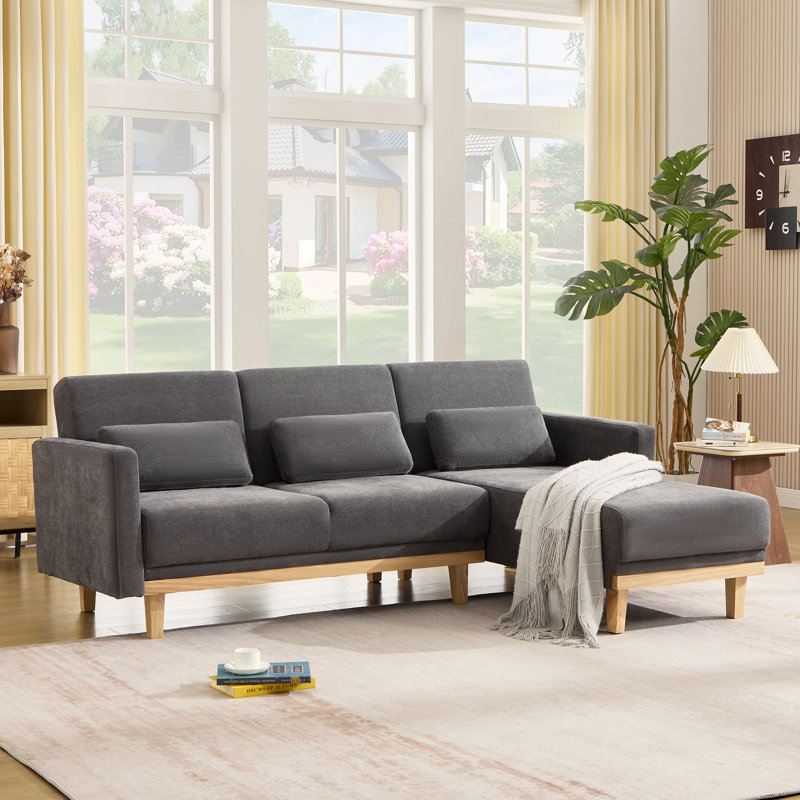86.6'' 3-Level Adjustable Chenille Reversible L-Shaped Sectional, Chenille grise foncée
