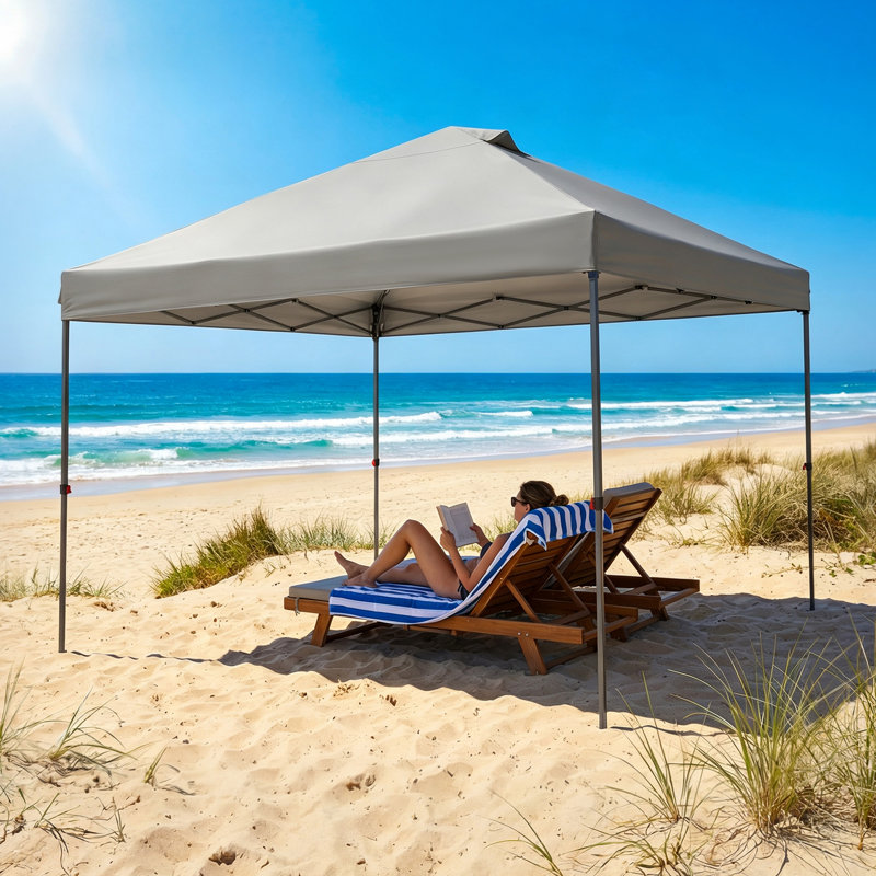 Gazebo pliant SUNJOY 3 m x 3 m, montage facile en une seule pression, hauteur réglable sur 3 niveaux, éclairage DEL amovible avec télécommande, sac de transport à roulettes, gris