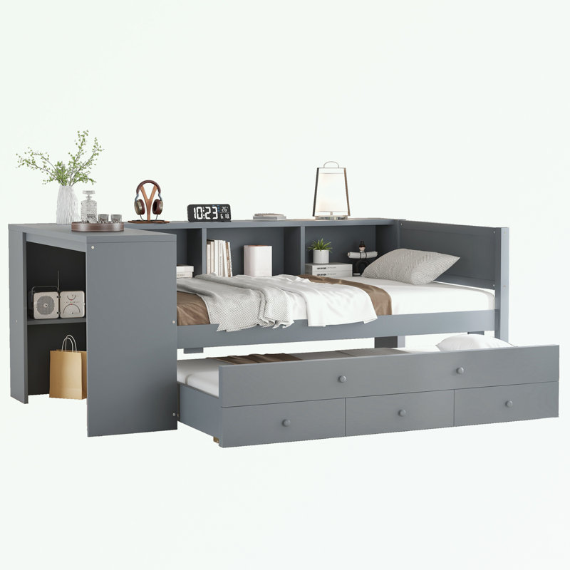 Twin Size Daybed with Trundle, Storage Drawers and Side Shelves, Gray, Twin