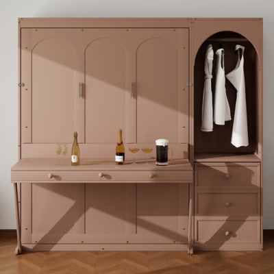 Lit escamotable avec bureau et tringle pour garde-robe à DEL, lit escamotable mural avec 3 tiroirs et tablette Stoarge
