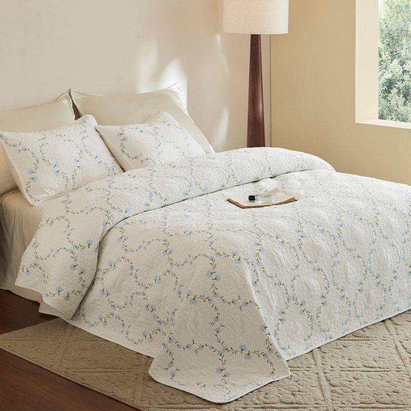 Ensemble de courtepointe 3 pièces, Beige/Blue, Queen Quilt + 2 Pillow Shams