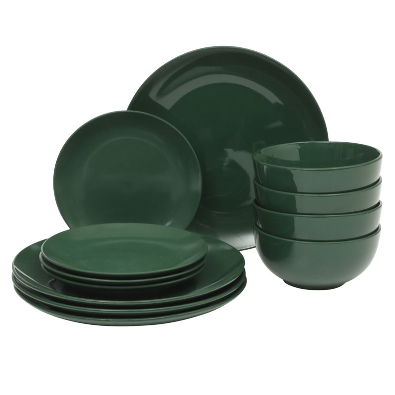 Gibson Home Simple Essential (Service for 4) 12 Piece Plates and Bowls Porcelain Solid Colour Dishes  Ceramic Dinnerware Set - Hunter Green