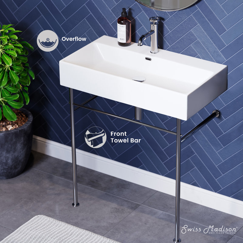 Claire 30" Ceramic Console Sink White Basin, White/Chrome