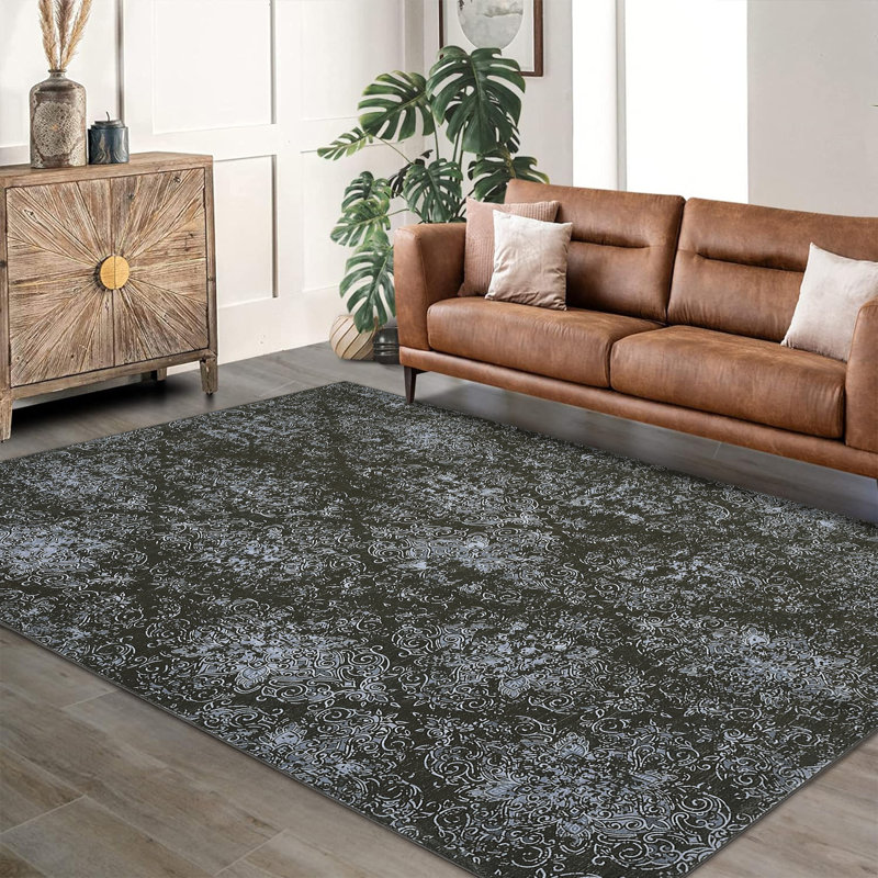 Boho Botanical Area Rug - Ultra-Thin, Soft & Washable Throw Carpet - Lightweight Vintage Floral for Living Room - 5x7ft, Brown Tone, USA Specification