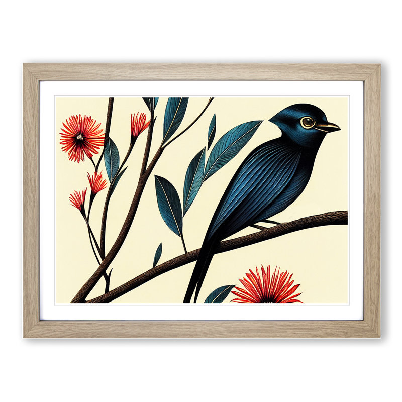Bird Deco - Single Picture Frame Print, 46cm H x 64cm W x 2cm D, Oak Framed