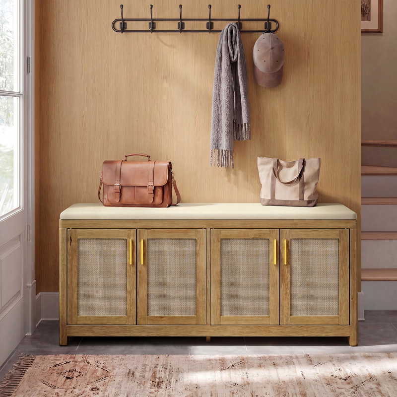 Boho Entryway Storage Shoe Bench with Adjustable Shelf,Cushion