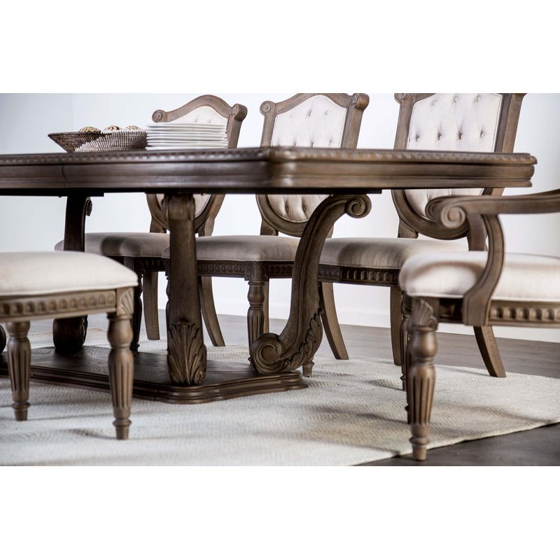Vintage Luxury Dining Room Furniture 9Pc Set Dining Table 6X Side Chairs 2X Arm Chairs Tufted Back Chair Pedestal Base Table