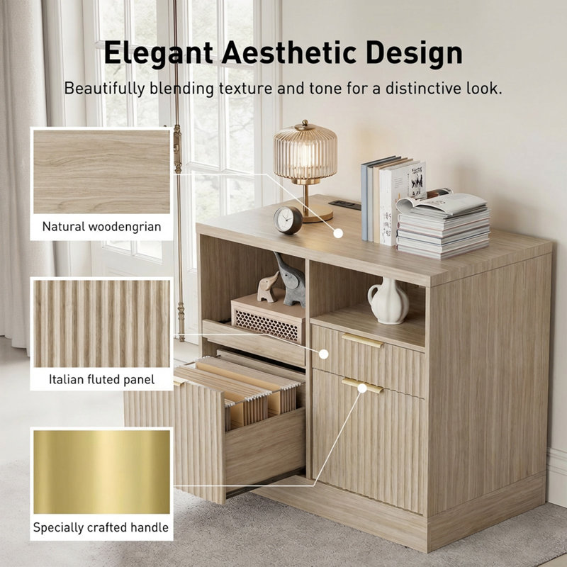 32”  2 Drawer Lateral Filing Cabinet , Charging Station & Storage For Home Office, Light Walnut