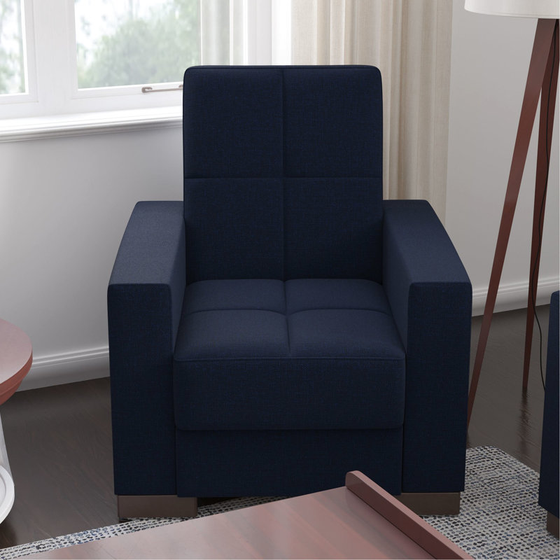 Fauteuil en chenille bleu foncé avec rangement caché - pour un espace de vie bien rangé avec des idées novatrices
