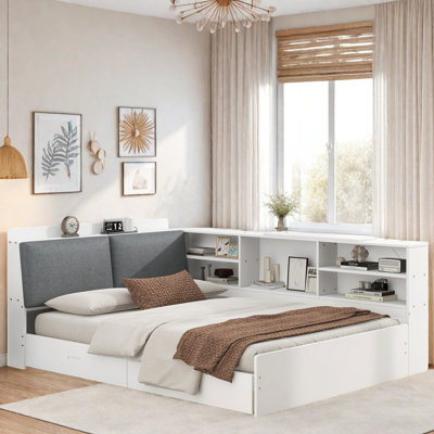 Platform Bed With 2 Drawrers, Storage Shelves, Upholstery Headboard And Rotatable Storage Board