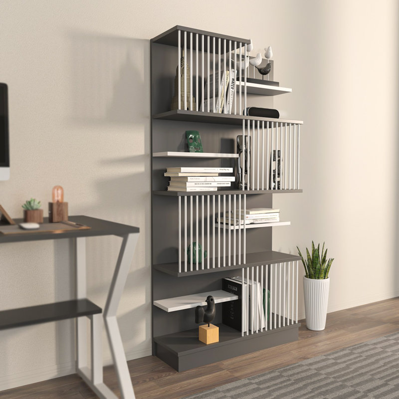 Bibliothèque moderne, 63,0 x 63,0 x 9,8 pouces, anthracite et blanc | 100% panneau de particules enduit de mélamine, épaisseur: 0,7 pouce | Solution de rangement élégante pour la maison ou le bureau, design durable et élégant