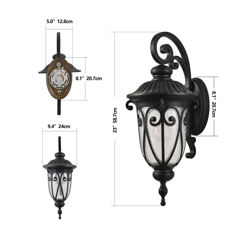 23" Classic Outdoor Wall Lantern - Vintage Black Exterior Light Fixture with Bubble Glass, Weatherproof Porch Sconce for Patio & Entryway