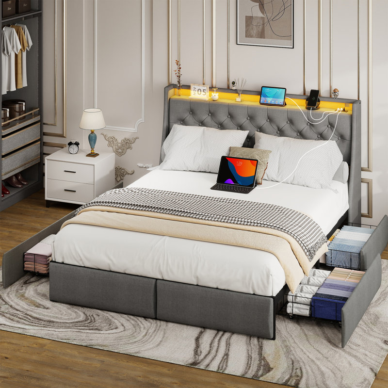 Queen Upholstered Bed Frame with Headboard and LED Lights,Platform Bed with 4 Storage Drawers and 4 in 1 Charging Station